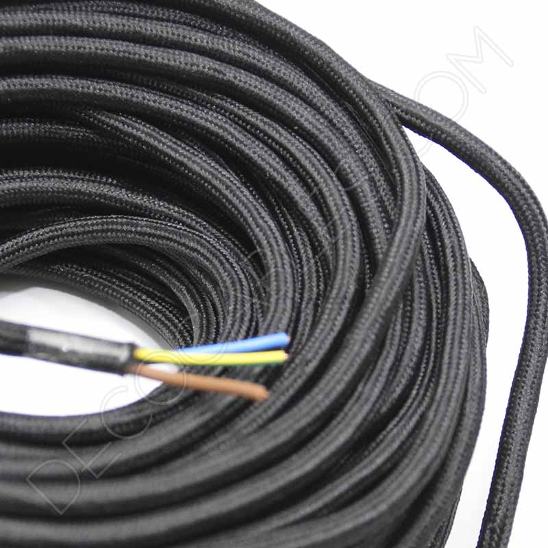 Cable de tela dorado cable de luz cable de lámpara longitud a elegir algodón cable negro cable textil de 3 hilos 