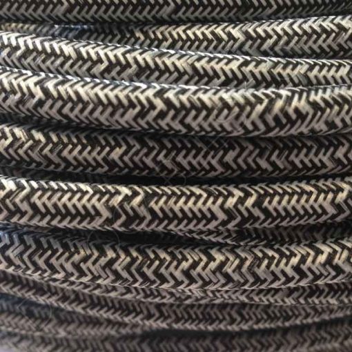 Cable eléctrico redondo de tela de color gris y blanco en zig-zag jaspeado