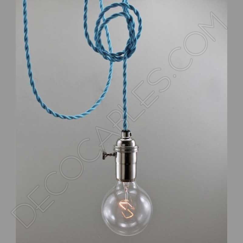 Cable eléctrico trenzado de estilo vintage revestido de tela de color azul crudo turquesa diseño fabricado en Italia para lámparas lámparas de mesa sección 2 x 0,75 cm 