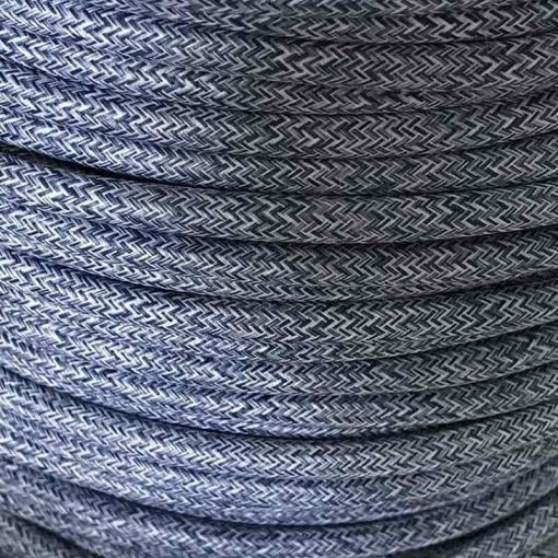 Cable eléctrico redondo de tela vaquera color azul y blanco en zig-zag jaspeado