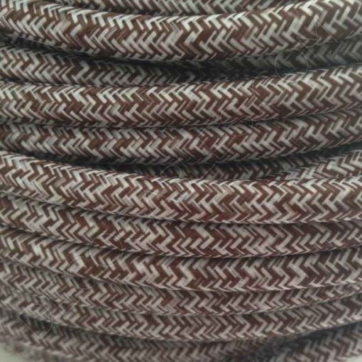 Cable eléctrico redondo de tela vaquera color marrón y blanco en zig-zag jaspeado