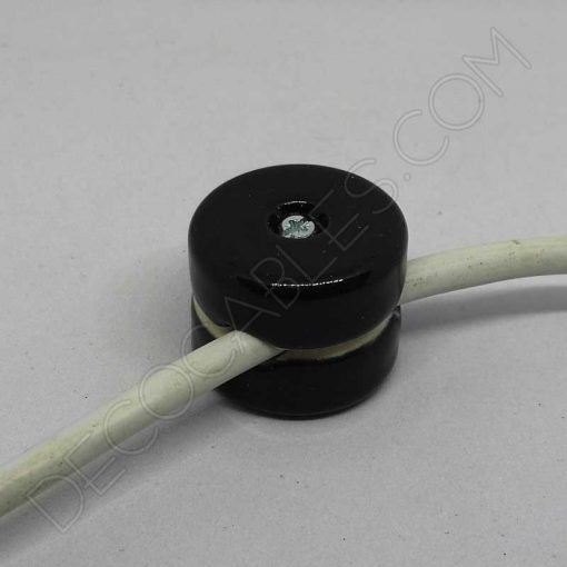 aislador de porcelana negro para cable redondo textil o de silicona